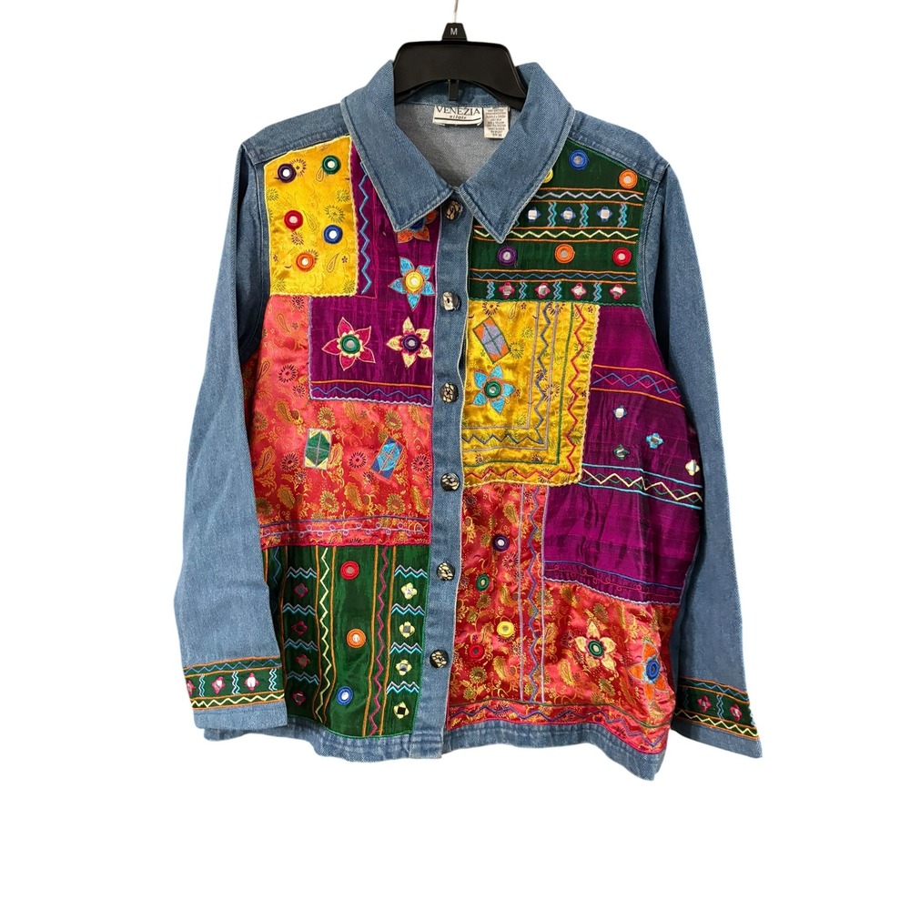 Venezia Vitale Womens Medium Denim Patchwork Embroidered Mirror Sequin Jacket M